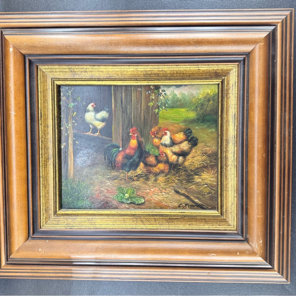 Original Framed C. Franco Oil Painting Country Chicken Hen Rooster Farmhouse
